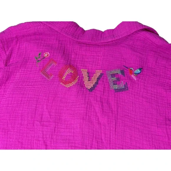 Johhny Was Biya Camp Shirt Womens XL Pink Desire Love Heart Floral Gauze Top - Picture 7 of 13